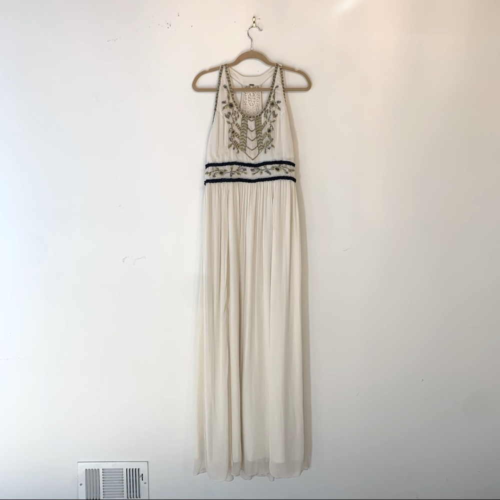 Free People Ruched Chiffon Hand Embroidered Maxi Dress in Color Creme